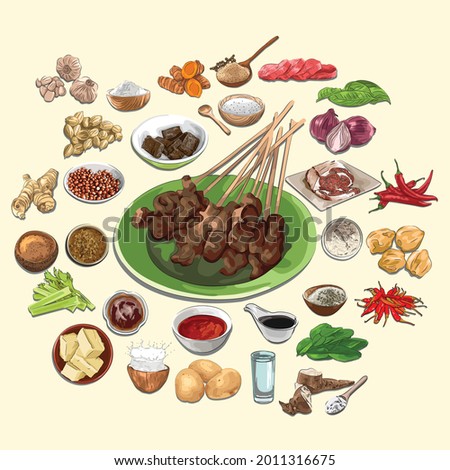 Sate Matang And Ingredients Illustration, Sketch And Vector Style, Traditional Food From Aceh, Good to use for restaurant menu, Indonesian food recipe book, and food content.