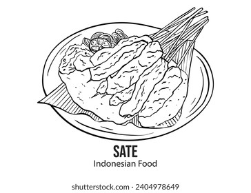 El estado es una comida típica indonesia hecha de pollo, carne de res o cabra, comida indonesia, vacaciones de Idul Fitri, diseño dibujado a mano en negro y blanco, arte de línea, vector.