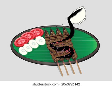 Sate vector illustration, chicken and mutton satay poured down with sweet soy sauce sambal. Meat skewer