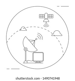 Satelite antenna or dish icon with an earth orbiting artificial satelite. Thin line. Flat. 