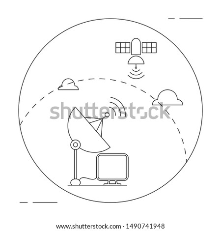 Satelite antenna or dish icon with an earth orbiting artificial satelite. Thin line. Flat. 