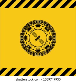 satelite icon black grunge emblem, yellow warning sign. Vector Illustration. Detailed.