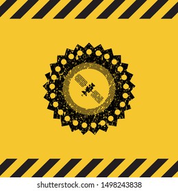 satelite icon black grunge emblem with yellow background. Vector Illustration. Detailed.