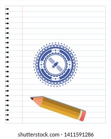 satelite icon draw (pen strokes). Blue ink. Vector Illustration. Detailed.