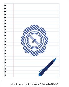 satelite icon drawn with pen strokes. Blue ink. Vector Illustration. Detailed.