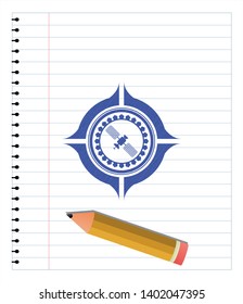 satelite icon emblem draw with pen effect. Blue ink. Vector Illustration. Detailed.