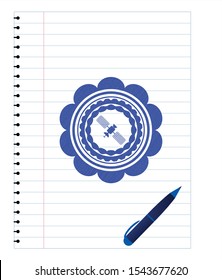 satelite icon emblem drawn with pen. Blue ink. Vector Illustration. Detailed.
