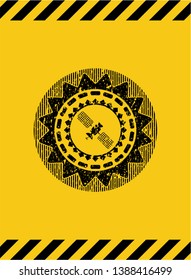 satelite icon grunge black emblem with yellow background, warning sign. Vector Illustration. Detailed.
