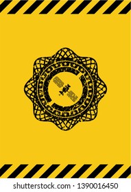satelite icon grunge black emblem with yellow background, warning sign. Vector Illustration. Detailed.