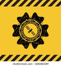 satelite icon grunge black emblem with yellow background, warning sign. Vector Illustration. Detailed.