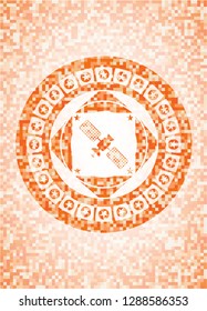 satelite icon inside abstract emblem, orange mosaic background