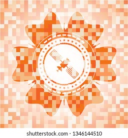 satelite icon inside abstract emblem, orange mosaic background