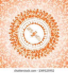 satelite icon inside abstract emblem, orange mosaic background