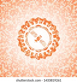 satelite icon inside abstract emblem, orange mosaic background