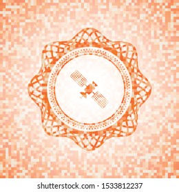 satelite icon inside abstract emblem, orange mosaic background