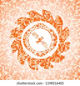 satelite icon inside abstract orange mosaic emblem