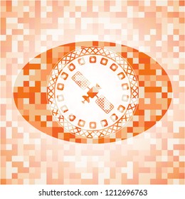 satelite icon inside abstract orange mosaic emblem