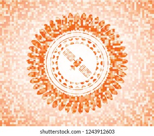satelite icon inside abstract orange mosaic emblem with background
