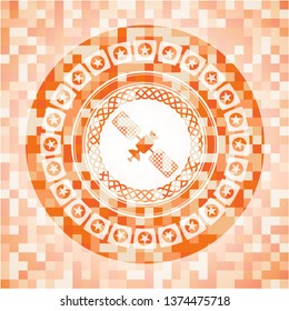 satelite icon inside abstract orange mosaic emblem with background
