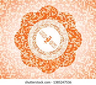 satelite icon inside abstract orange mosaic emblem with background