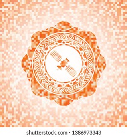 satelite icon inside abstract orange mosaic emblem