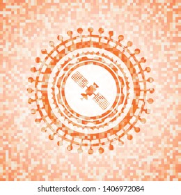 satelite icon inside abstract orange mosaic emblem