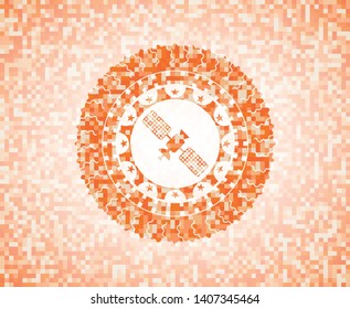 satelite icon inside abstract orange mosaic emblem