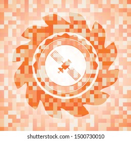 satelite icon inside abstract orange mosaic emblem