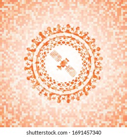 satelite icon inside abstract orange mosaic emblem with background