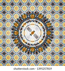 satelite icon inside arabesque badge background. arabic decoration.