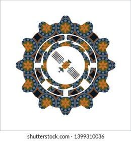 satelite icon inside arabesque badge background. arabic decoration.