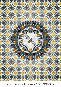 satelite icon inside arabesque emblem background. arabic decoration.