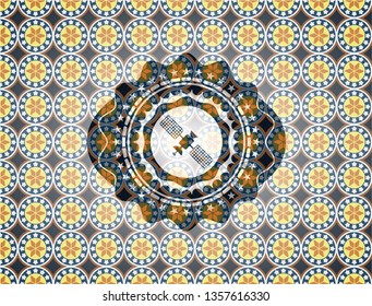 satelite icon inside arabic badge. Arabesque decoration.