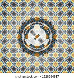 satelite icon inside arabic badge background. Arabesque decoration.