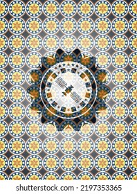 satelite icon inside arabic badge. Arabesque decoration. 