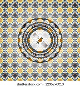 satelite icon inside arabic emblem background. Arabesque decoration.
