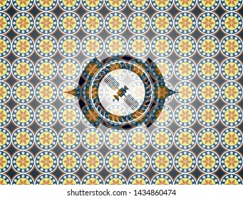 satelite icon inside arabic emblem background. Arabesque decoration.