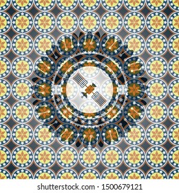 satelite icon inside arabic emblem background. Arabesque decoration.