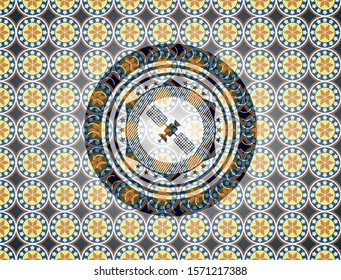 satelite icon inside arabic emblem background. Arabesque decoration.