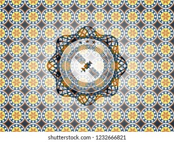 satelite icon inside arabic style emblem. Arabesque decoration.