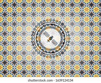 satelite icon inside arabic style emblem. Arabesque decoration.