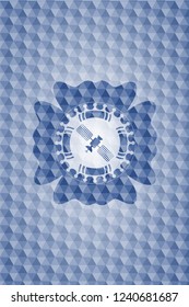 satelite icon inside blue badge with geometric background.