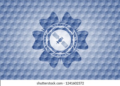 satelite icon inside blue badge with geometric pattern.
