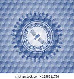 satelite icon inside blue badge with geometric pattern background.