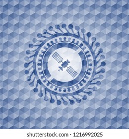 satelite icon inside blue emblem or badge with abstract geometric polygonal pattern background.