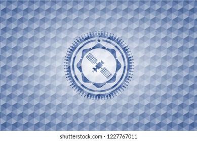 satelite icon inside blue emblem or badge with abstract geometric polygonal pattern background.