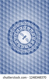 satelite icon inside blue emblem with geometric pattern.