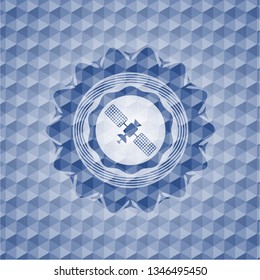 satelite icon inside blue emblem with geometric pattern background.