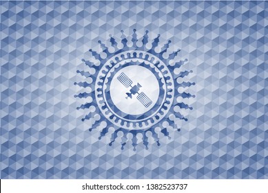 satelite icon inside blue emblem with geometric pattern background.