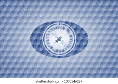 satelite icon inside blue emblem or badge with geometric pattern background.